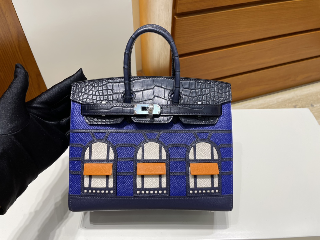 Uncle Bench Hermes Birkin small house Blue & black crocodile Silver Hardware 20cm Full Handmade