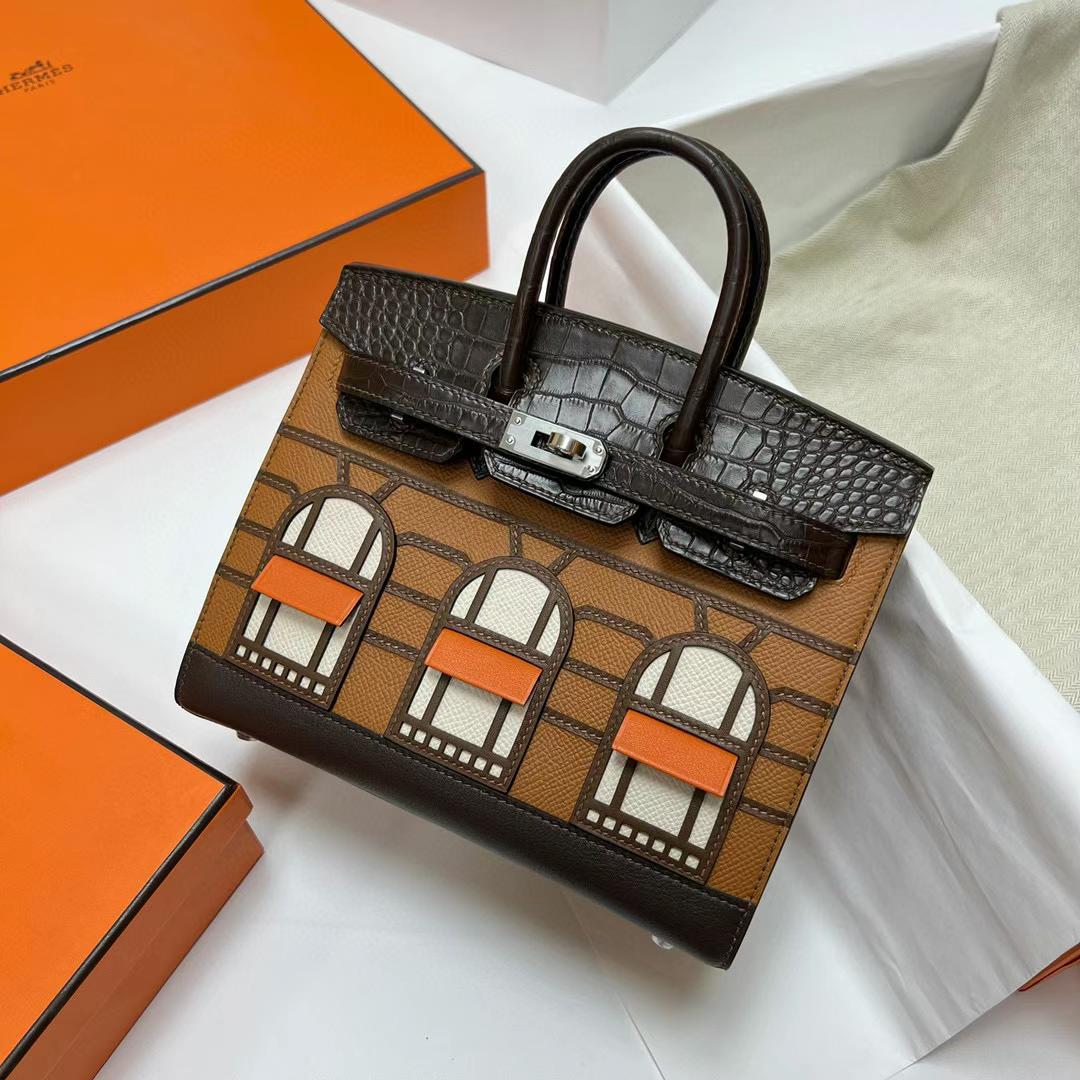 Uncle Bench Hermes Birkin Epsom & crocodile Ck37 Golden Brown Silver Hardware Phw 20cm Full Handmade