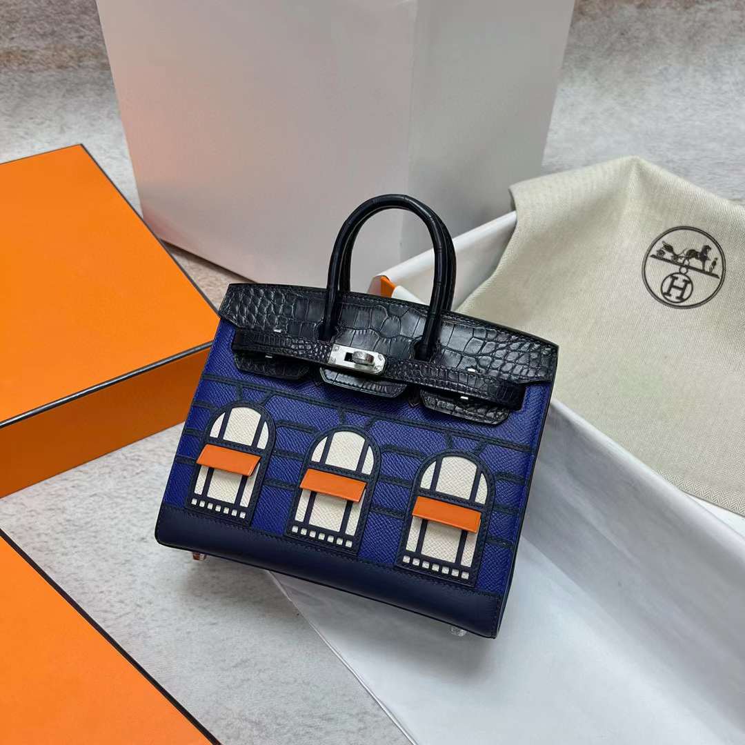 Uncle Bench Hermes Birkin Small house Blue Silver Hardware Phw 20cm Full Handmade